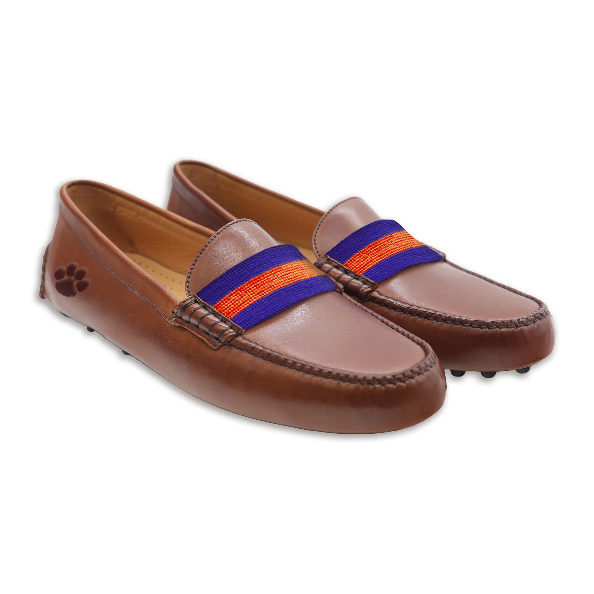 Clemson Surcingle Driving Shoes Purple Orange Chestnut Leather Logo Size 10.5 Indigo Purple at Smathers and Branson