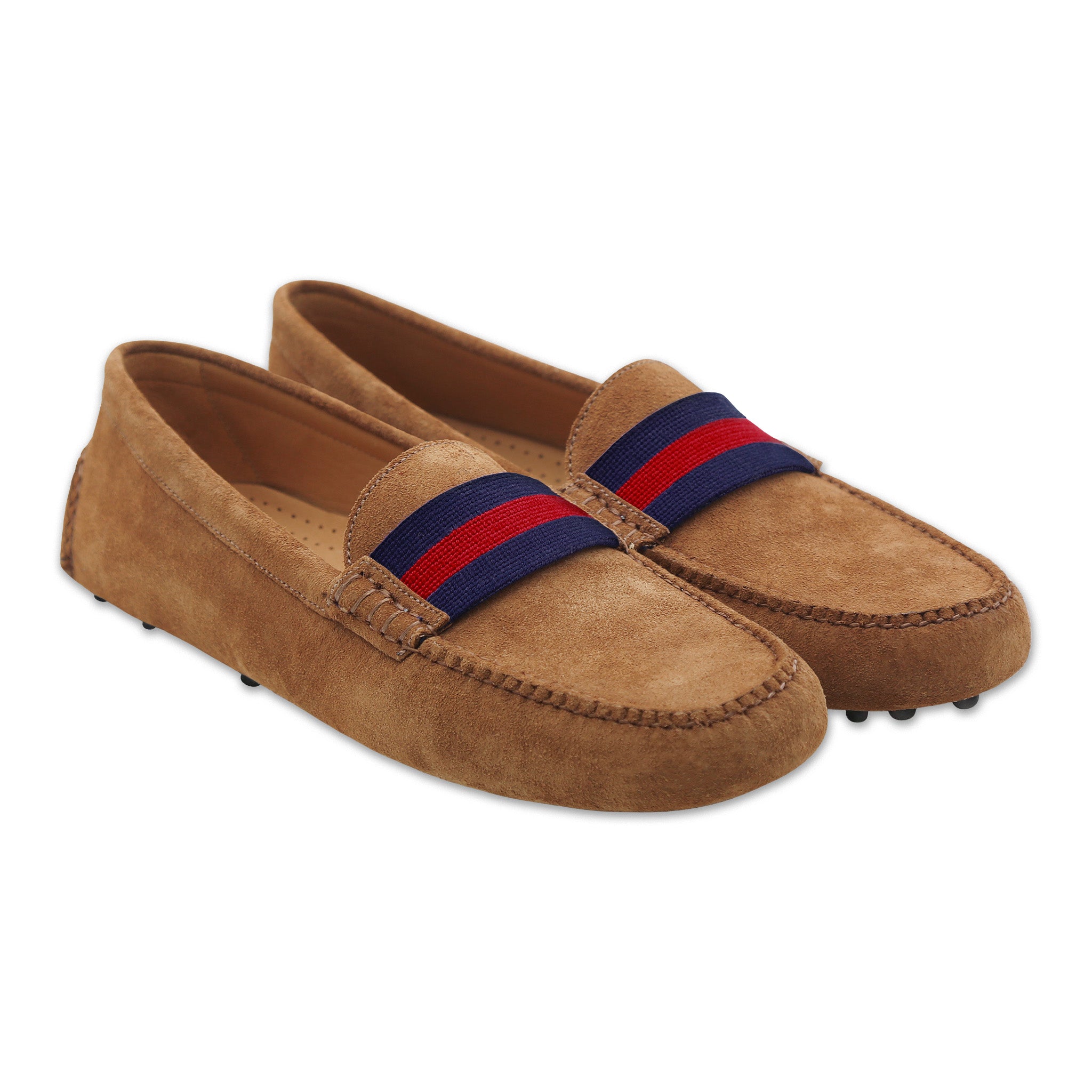 Surcingle Driving Shoes (Dark Navy-Red) (Cognac Suede)